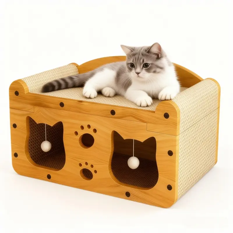 Durable Multi-Functional Cat House Box with Scratching Bed, 3-In-1 Play House With Hideout Caves and Hanging Ball Toys for Cat/Kitty