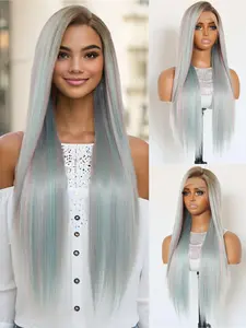28 Inch Fashionable Highlight Ombre Color Long Layered Straight Wigs for Women, Gorgeous Fluffy Wigs without Bangs, Synthetic Lace Front Wigs, Balayage Highlight Wigs for Party, Daily Use
