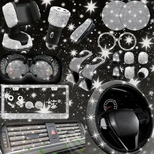 Bling Car Accessories 27-Piece Silvery Glam Kit with 15" Universal Glitter Steering Wheel Cover Glitter License Plate Frame Cell Phone Holder & Coasters for Women