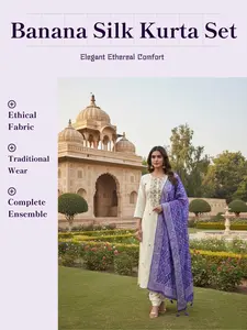 Women's Premium Banana Silk Embroidered 3-Piece Kurti-Pant-Dupatta Set, Traditional Casual Breathable Matching Comfortable Daily Wear Clothing