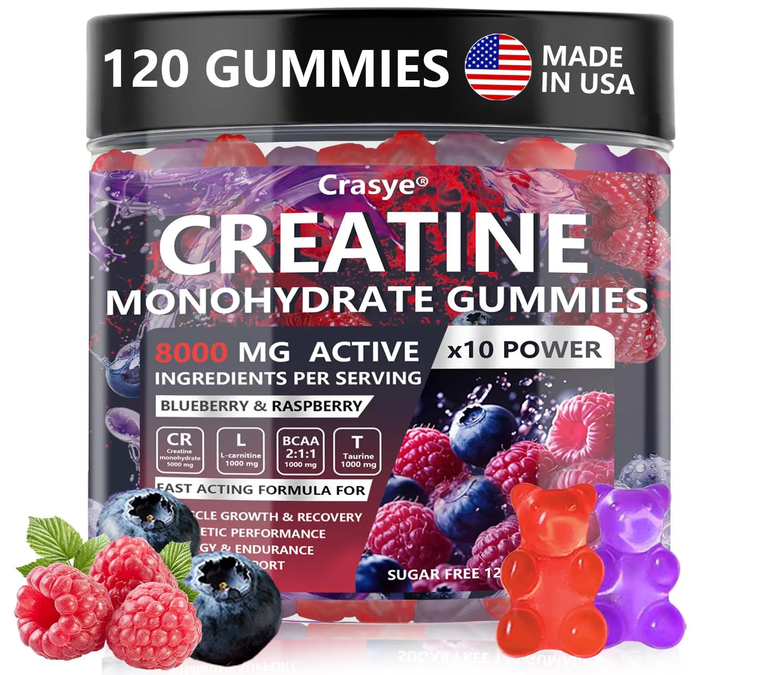 CRASYE Chewable Creatine Gummies, 8000mg Blueberry Raspberry Flavor, 120-Count Gluten-Free Fitness Supplement, USA-Made with Essential Amino Acids for Muscle Gains & Workout Recovery, Boosts Energy Vital Stamina Nutritional Supplement, Energy Vital Stamin