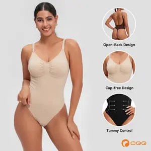 OQQ Women’s Sleeveless Open-Back Bodysuit with Ruched Front Womenswear Trendy Bodysuits