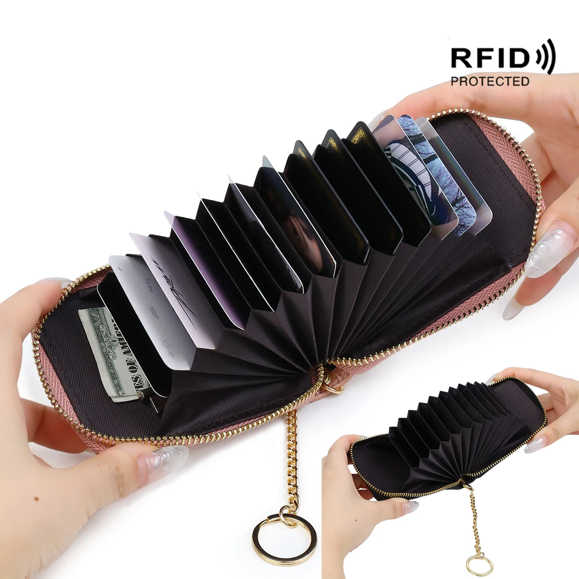 RFID Leather Travel Wallet, Forever Wallet Large Capacity Zipper Card Holder with Multi Compartments & Chain Strap, Secure Credit Card Wallet for Travel & Daily Use