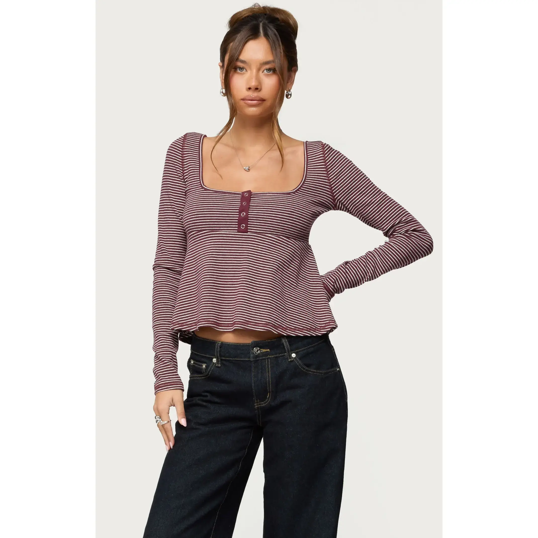 Edikted Women's Sare Striped Babydoll Henley Top