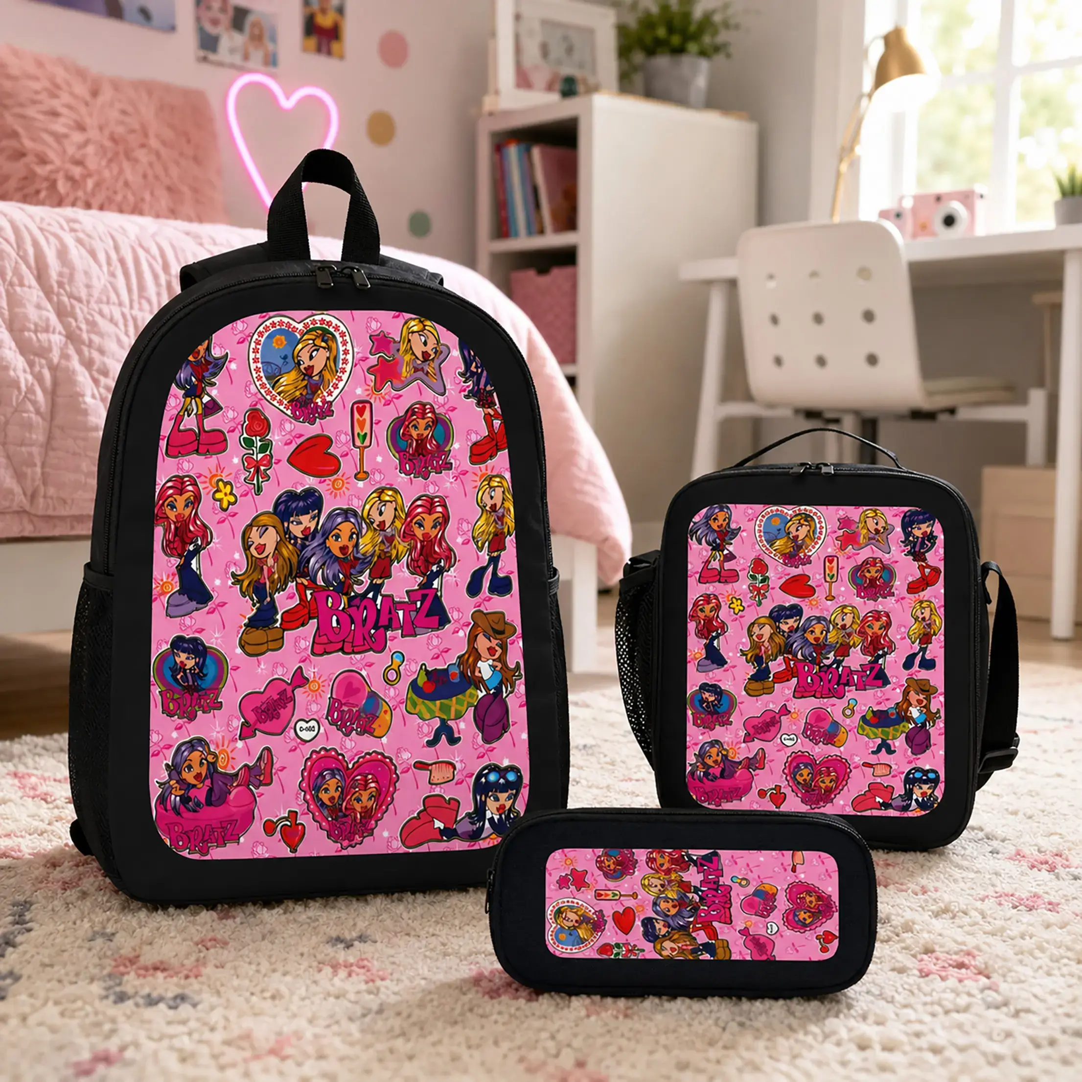 BRATZ Backpack Set 3Pcs Polyester School Bag Lunch Bag Pencil Case Cartoon Pink Print Lightweight Large Capacity Bookbag Back To School Travel Gift For Girls Kids Teens Students