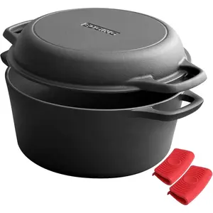 2-in-1 Pre-Seasoned Cast Iron Dutch Oven Pot with Skillet Lid Cooking Pan, 5 QT Indoor/Outdoor for Bread, Frying, Baking, Camping, BBQ