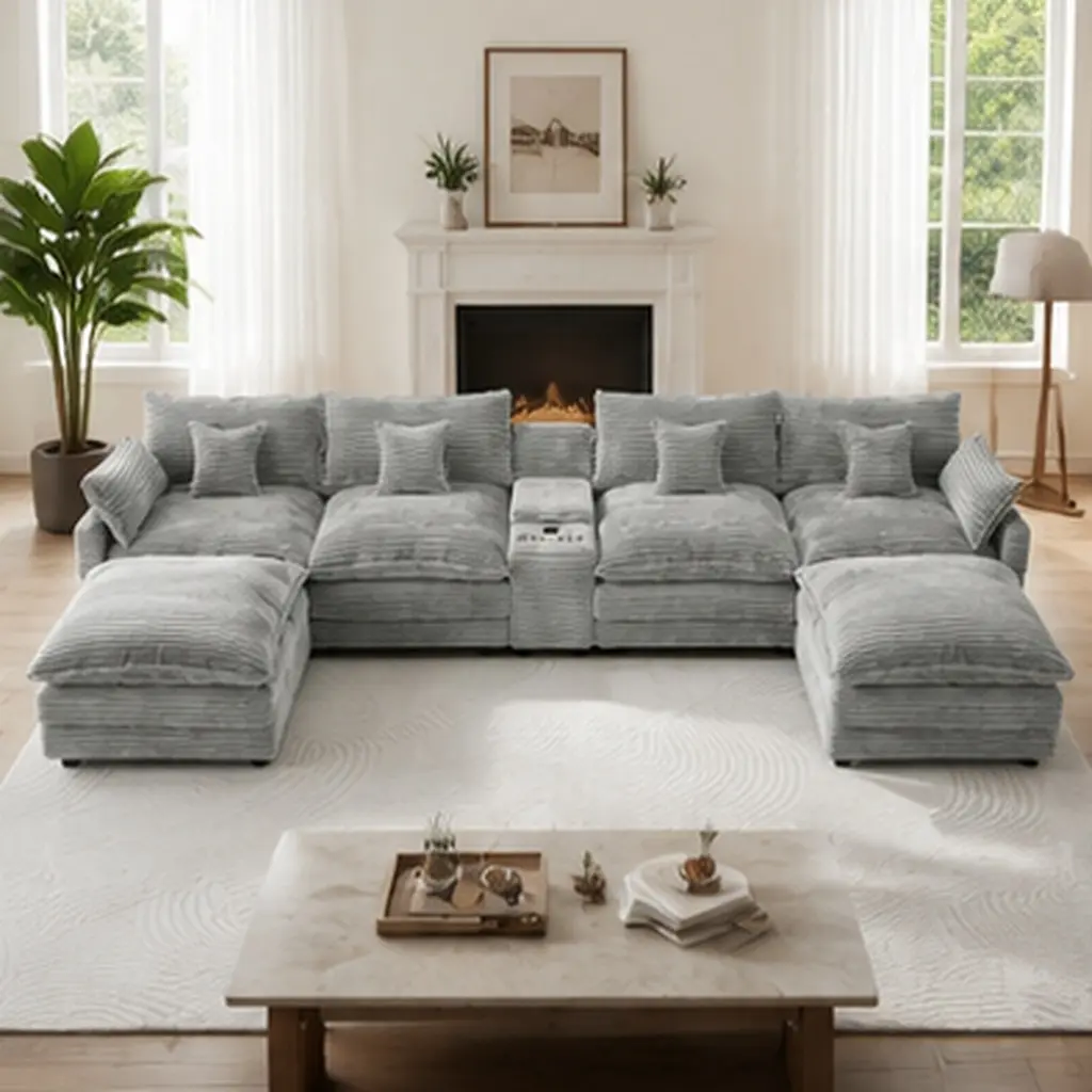 145" U Shaped Cloud Couch Sectional, Oversized Light Grey Corduroy Modular Sofa, Large Comfy Fluffy 6 Seat Sectional Sofa Set with Central Console USB Port, Pillow Back & Pillow Top Arms, Wood Frame, Foam Filled, Living Room Furniture
