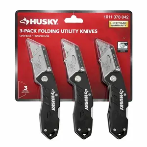 Husky 3-Pack Folding Utility Knives 1011 378 042 Lock-Back Quick Change Blade Durable Safe for Work & Home Use with Textured Grip