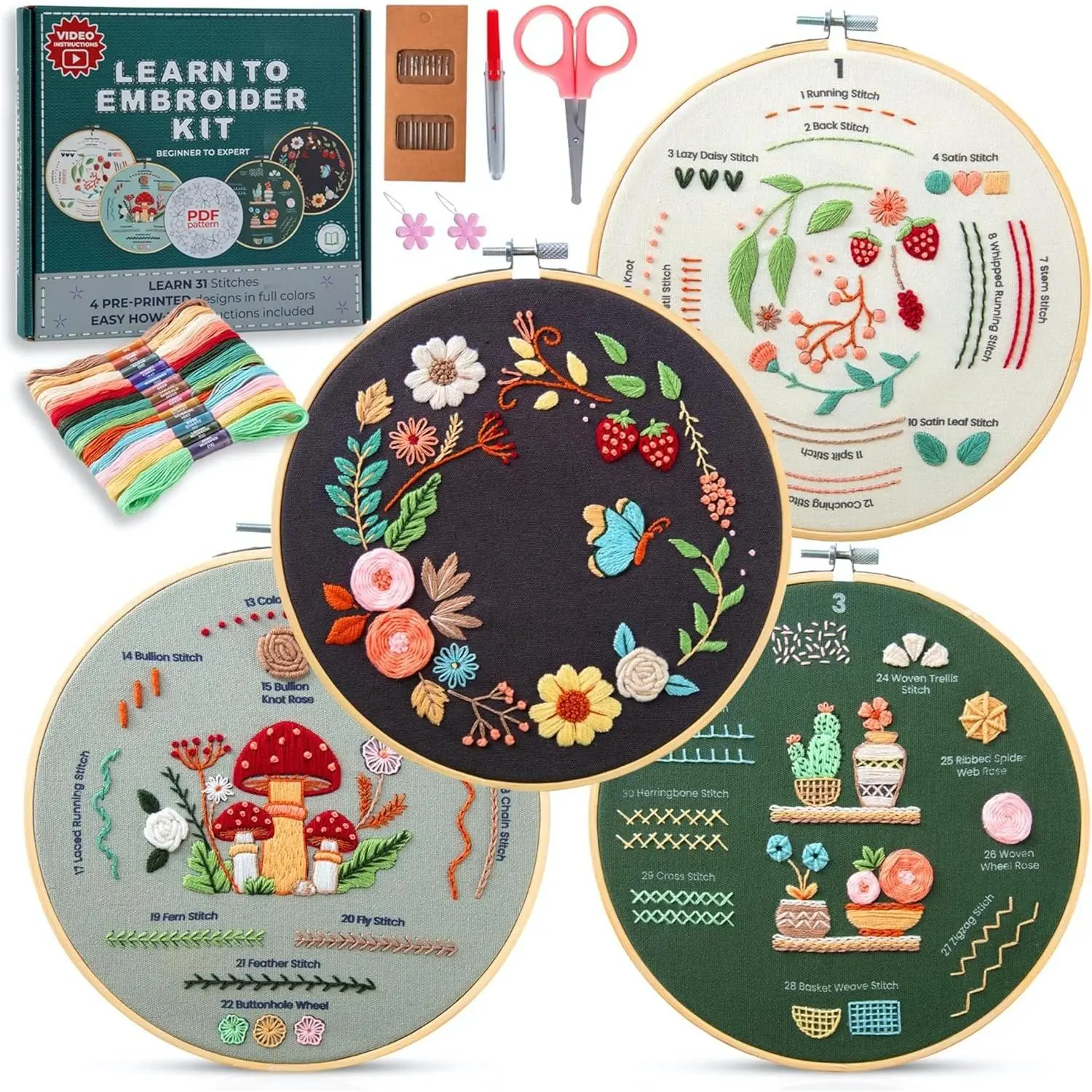 Beginner Level Synthetic Hand Embroidery Starter Kit - 4 Pre-Printed Patterns on 12"x12" Cotton Cloth, 31 Stitches, Easy-to-Follow Video Guides, for Adults