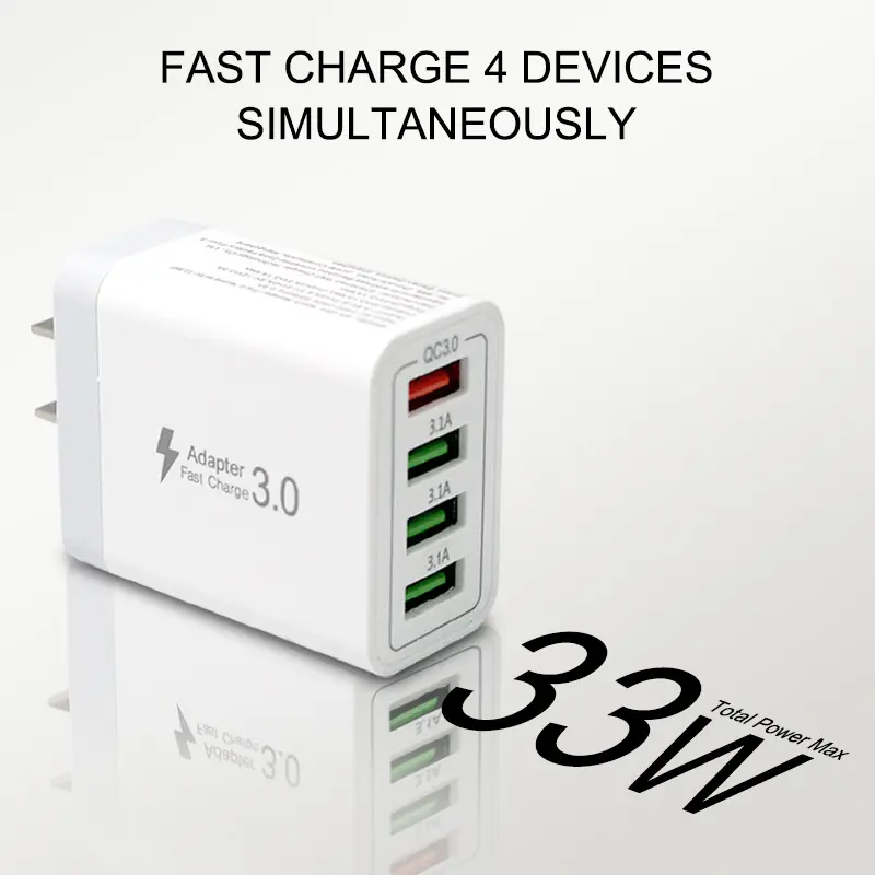 US 4-in-1 Adapter 33W Fast Charger with One QC3.0 and Three 3.1A Ports for iPhone iPad Airpod Fast Charging Power Adapter Cellphone wall plug multiport Portable chargers