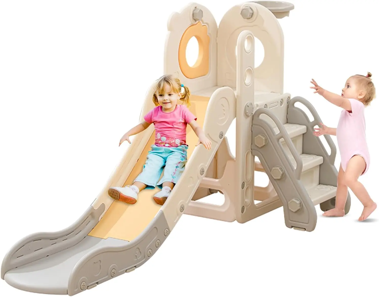 Slide for kids,Freestanding Toddler Slide, 5 in 1 Kids Indoor Playset for Toddlers 1-3，L Shaped Slide with Basketball Hoop，Baby Slide for Indoor Outdoor for Boys and Girls Birthday Playground Set Playground Equipment
