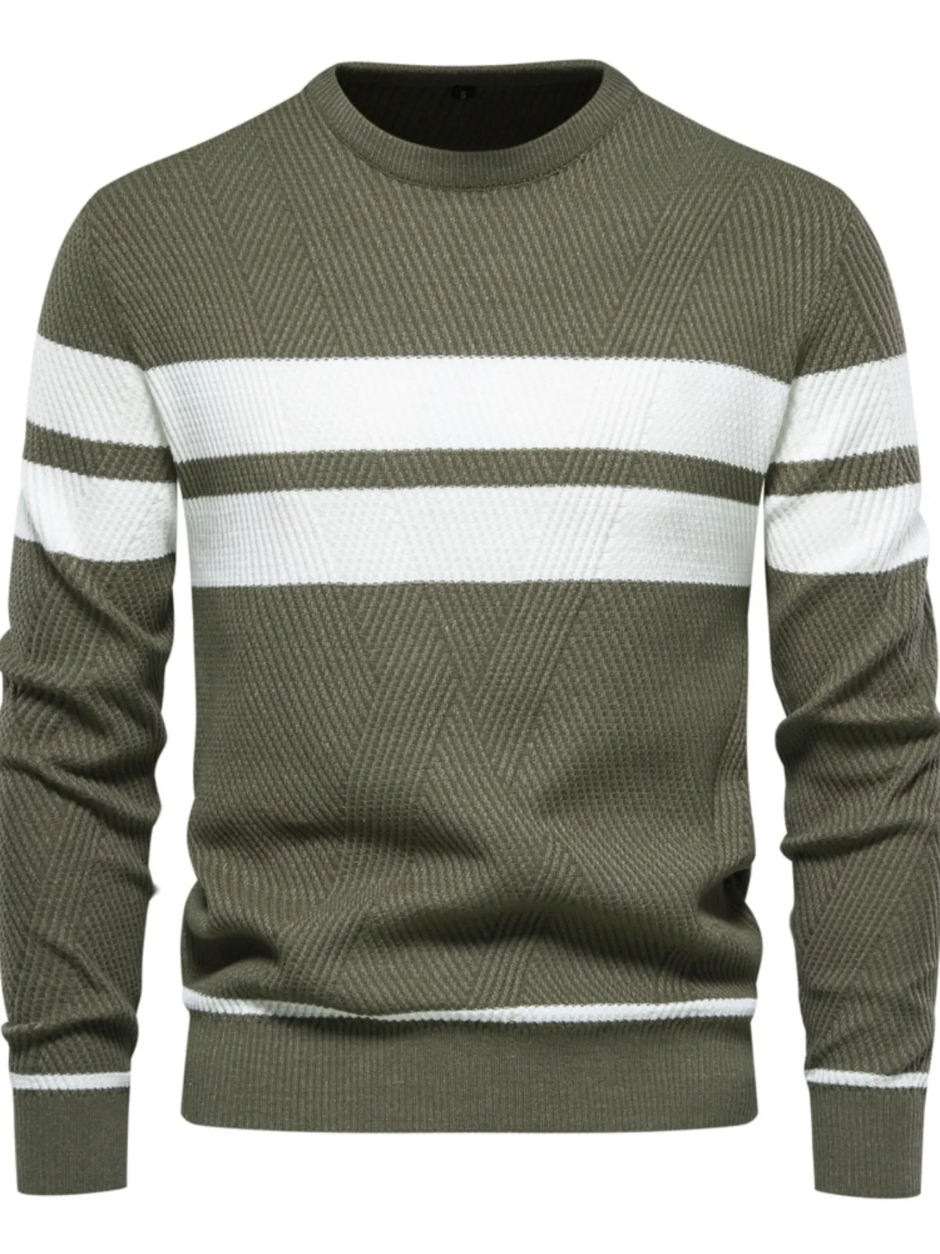Men's Casual Crew Neck Stretchy Soft Knit Pullover Sweater, Long Sleeve, Colorblock Striped Design, Geometric Texture, Fitted Style, Fall & Winter Wear, Knitwear
