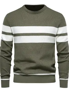 Men's Casual Crew Neck Knit Pullover Sweater, Colorblock Striped Design, Geometric Texture, Fitted Style, Fall & Winter Wear