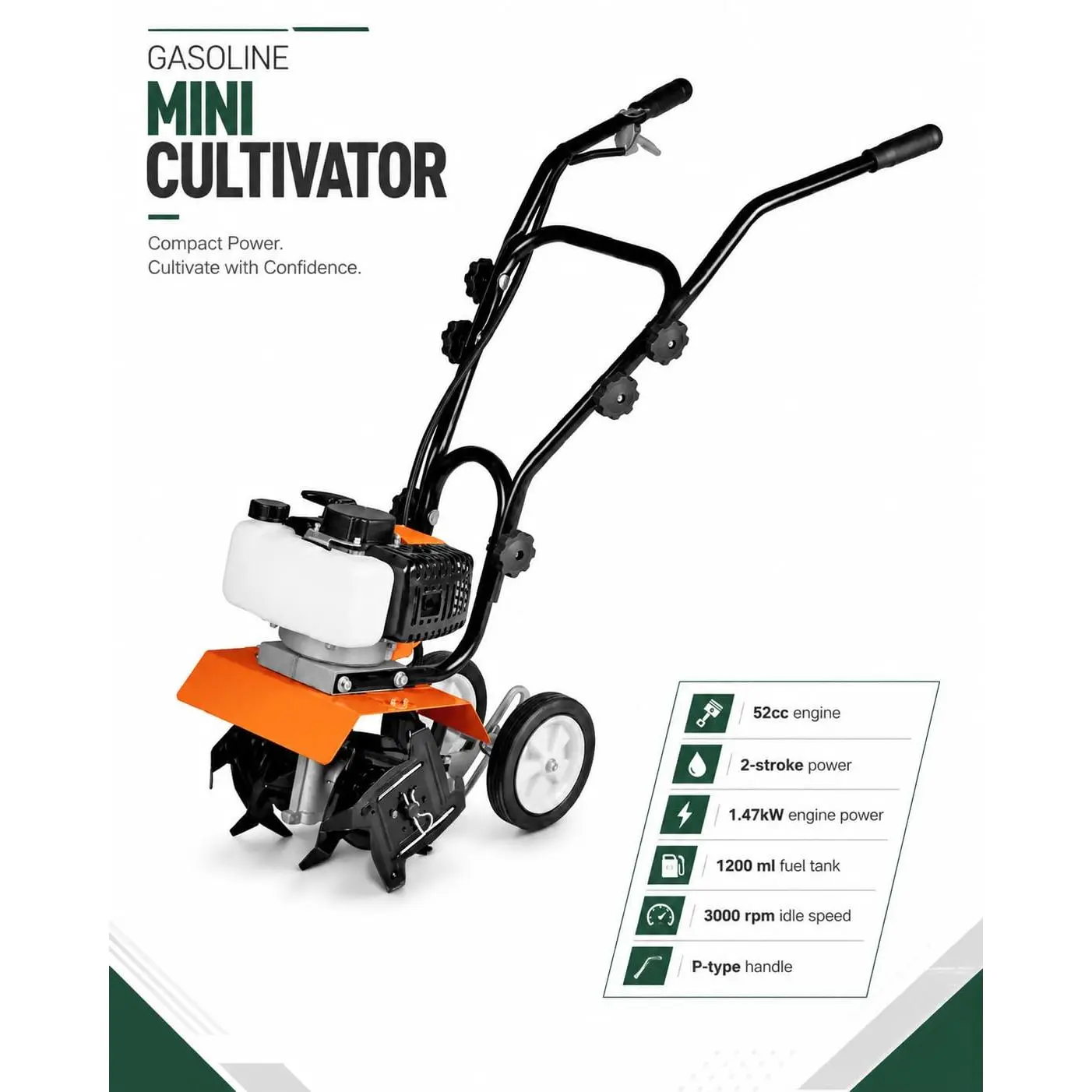 GAOMON GT520 52CC Gas Powered Tiller Cultivator, 2-Stroke Heavy Duty Soil Machine, 4 Adjustable Steel Tines, High Performance Rototiller for Lawn, Field Use