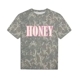 Pink HONEY Letter Printing Greenleaf Pattern Mossy Oak Washed Out Camo Tee, Mossy Oak Shirt, 3D Camo Style T-Shirt, Gift For Men