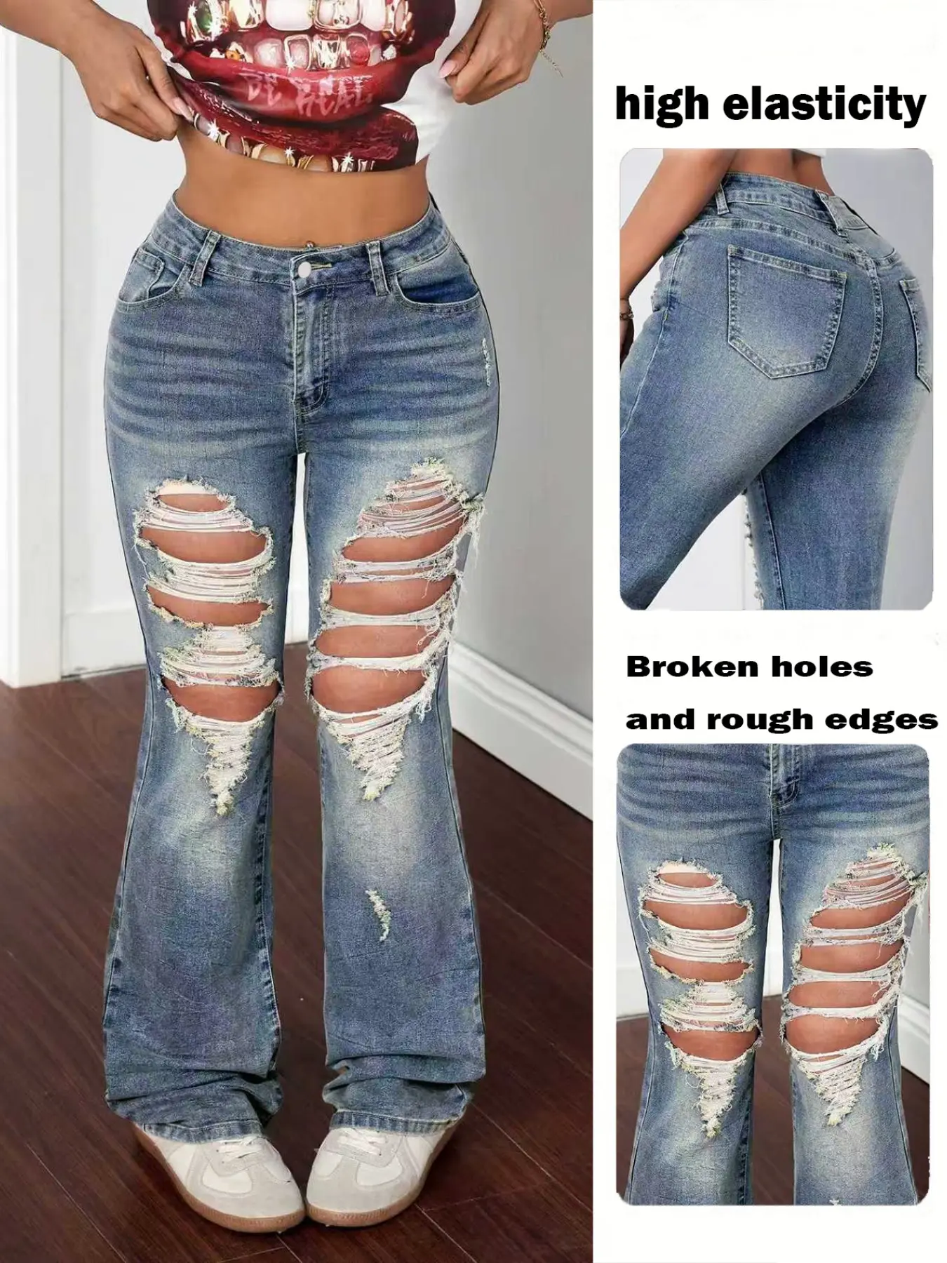 Women's High Elasticity Vintage Style Ripped Denim Bell-Bottom Pants, destroyed hole jeans, Casual Daily Wear, Retro Fashion Jeans for Women, Fit