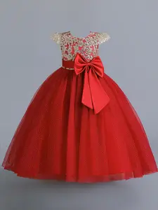 Girl's Contrast Sequin Bow Decor Belted Fit and Flare Tulle Dress, Elegant Cap Sleeve Round Neck Party Dress for Performance Wedding Guest, Kids Clothes for All Seasons