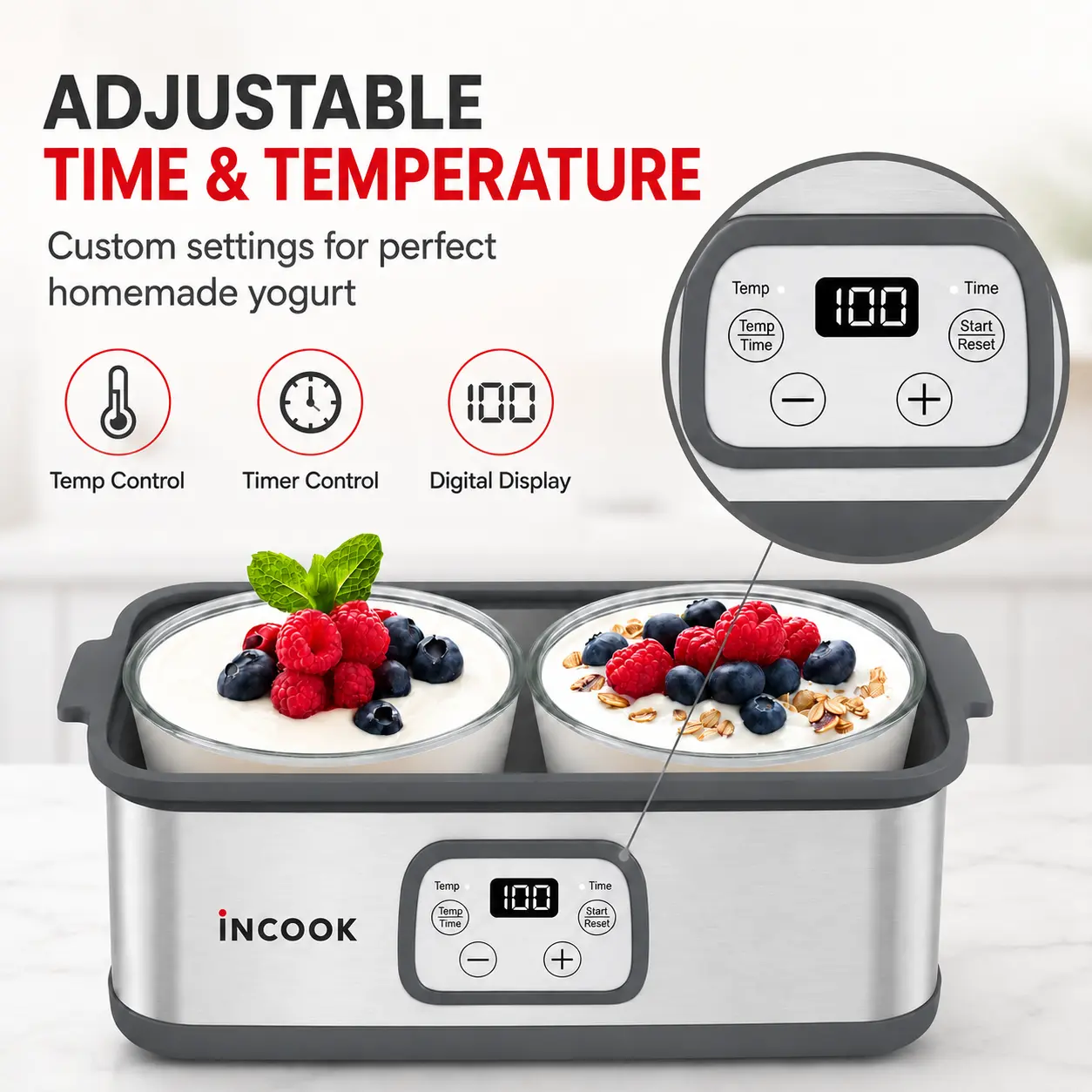 INCOOK Probiotic Yogurt Maker with Adjustable Time & Temperature Control, Make Trillions of Probiotics for Better Gut Health, Two 1-Quart Containers for Larger Batches, UNLIMITED LIFETIME WARRANTY