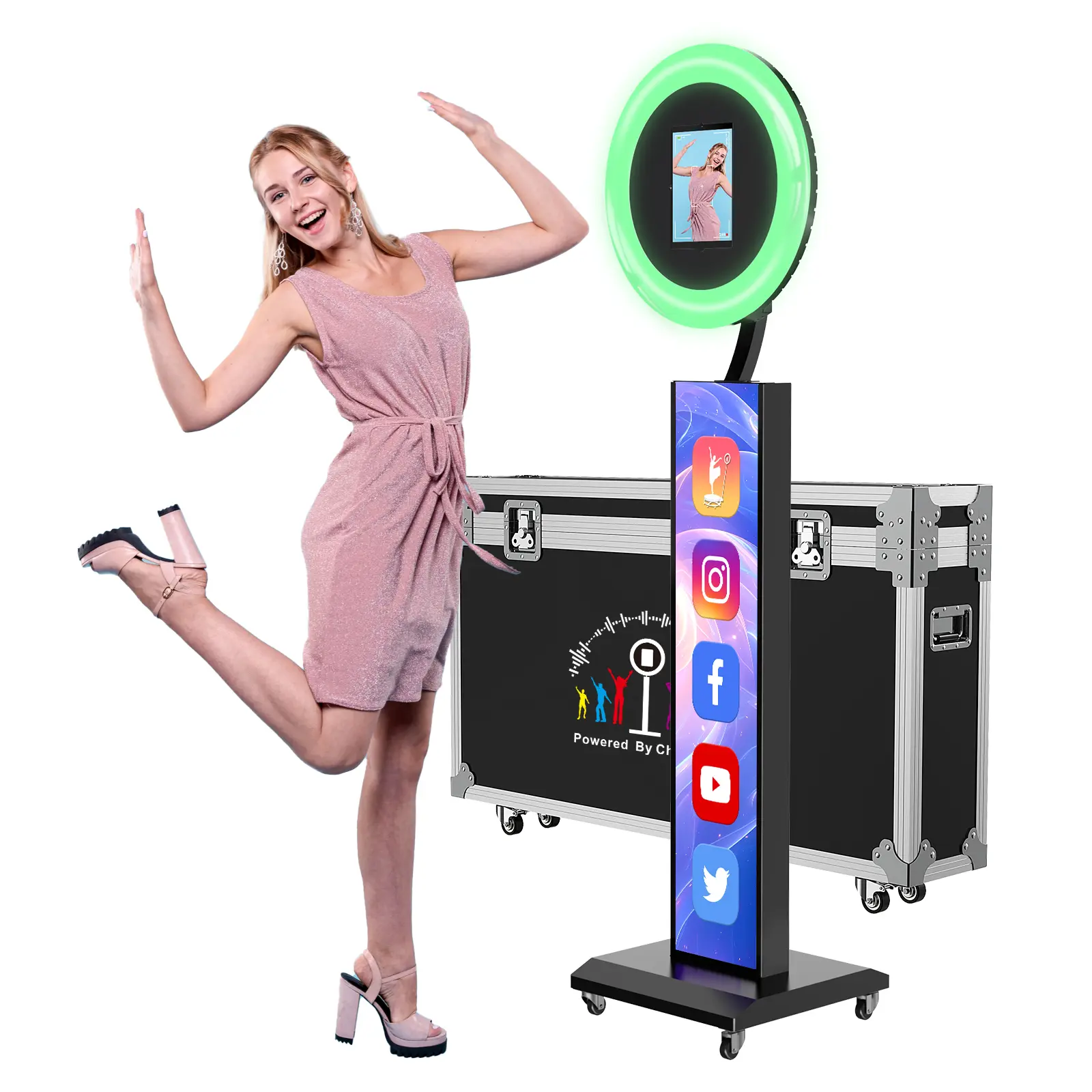 OHYEAHSPIN Portable iPad Photo Booth Stand with LED Ring Light, Compatible with All iPad Sizes, Includes Flight Case & Chacktok Software, Weddings, Parties & Birthdays