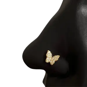 Large Diamond Butterfly Nose Stud in Surgical Steel 20 Gauge L-Shape 7mm x 4mm Hypoallergenic Body Piercing Jewelry
