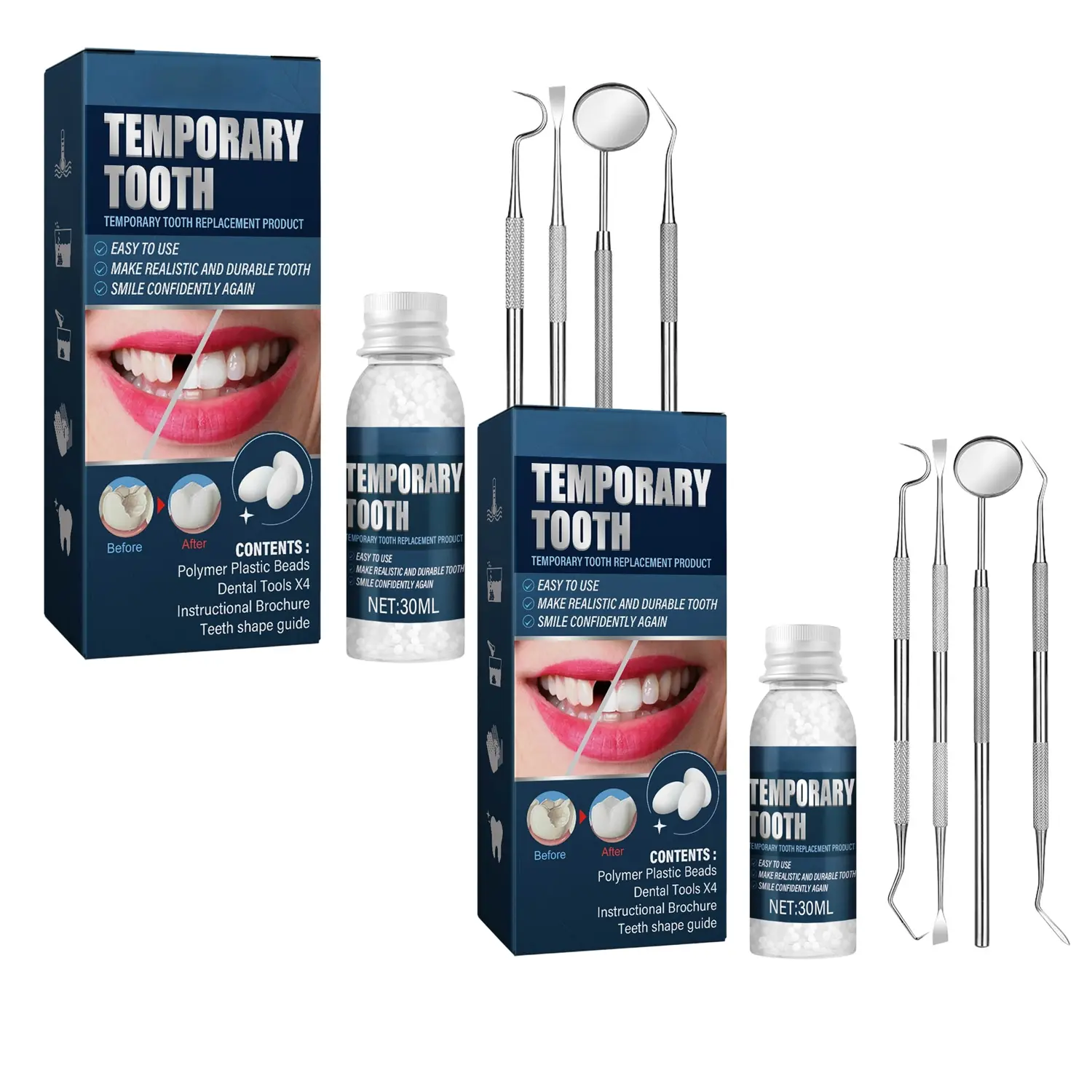 2 Pack Tooth Repair Kit, Moldable Tooth Filling Repair Kit with 4 Dental Tool, Dental Care Kit Fixing The Missing and Broken Replacements, DIY Natural Filling Fake Teeth,Smile Confidently Again
