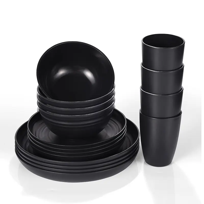 16-Piece Geometric Unbreakable Wheat Fiber Tableware Set - Plates, Bowls, Cups, Cutlery, Charcuterie Cups - Microwave & Dishwasher Safe - Everyday Gift Boxed for Eco-Conscious Individuals (Black), Eco-Friendly
