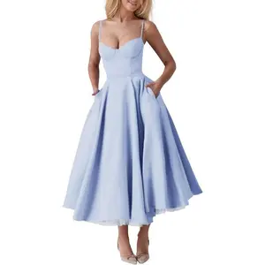 Womens Corset Dress Spaghetti Strap Bustier Midi Dress Vintage Party Dress Flowy Pleated Hem Low Cut Prom Dresses