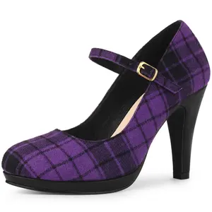 BLISSFUL STEP Houndstooth Platform Stiletto Heels Mary Janes Pumps Purple