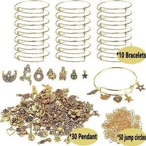 DIY Wristbands Making Kit, 90pcs/set Including 10 Adjustable Metal Bracelets, 30 Random Pendants & 50 Open Rings, Jewelry Making Kit for Women, Diy Jewelry Accessories