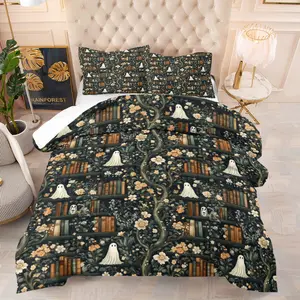 Vintage Style Comforter Set-with Silk-Cotton Filling, Book, Ghost and Floral Element Print Bedding Set, Includes 1/2 Pillowcases - without Core, Enigmatic and Serene, Soft and Comfortable, Perfect for Bedding Decoration in Dark-Toned Literary Bedrooms