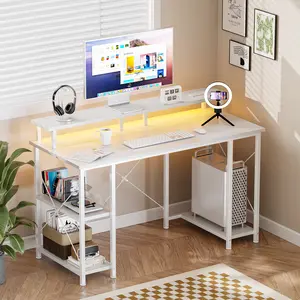 Computer Desk with Monitor Stand 2-Tier Storage Shelves LED Lights Power Outlets Modern Gaming Desk for Home Office Study
