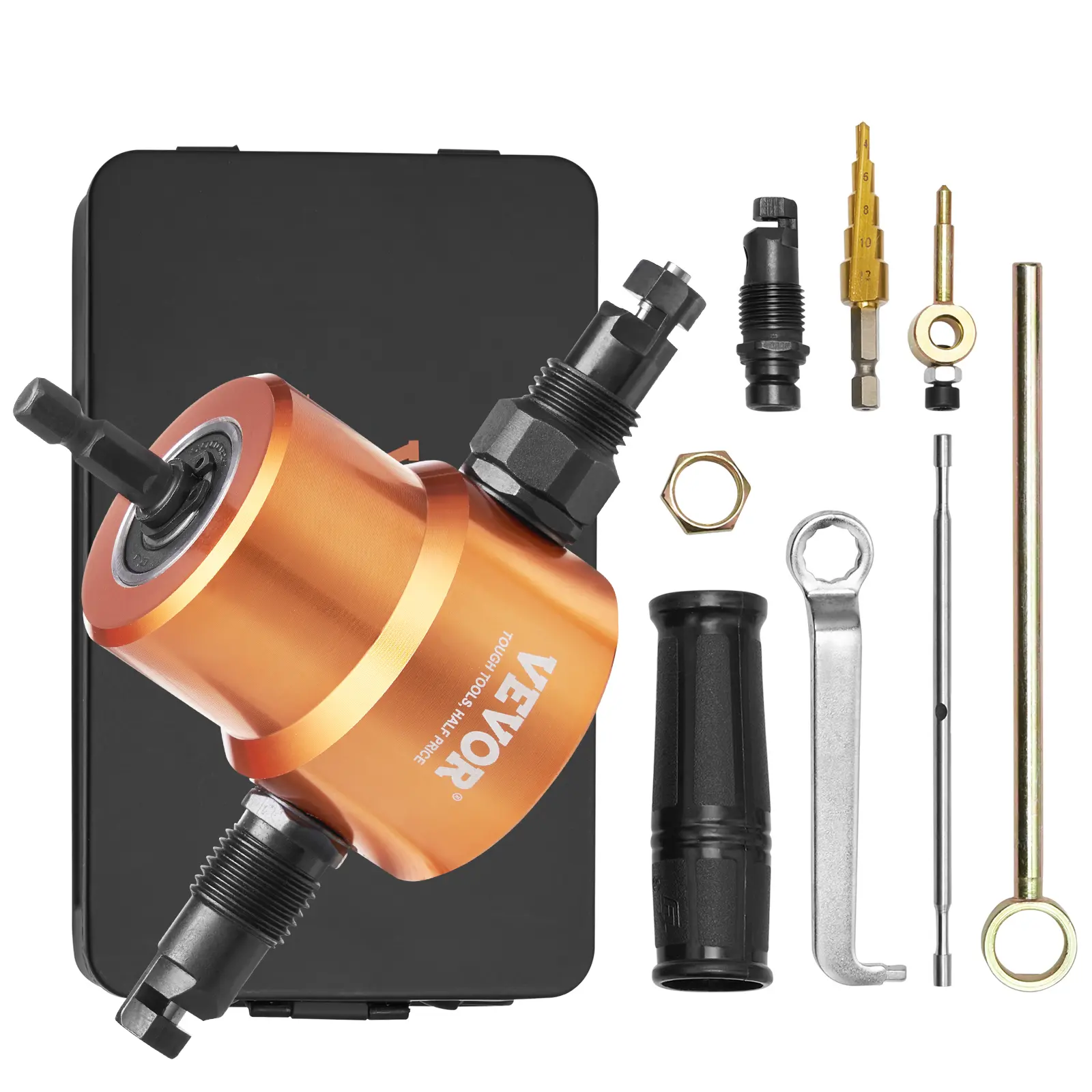 【summerfinds】VEVOR Double Head Sheet Metal Nibbler Cutter Power Tool, 360-Degree Drill Attachment with Extra Punch, Die, Cutting Hole Accessory, Step Drill Bit, Double Ended Bits for Straight & Curve Cutting, Copper (Father's Day Gift Option), Power T, Pl