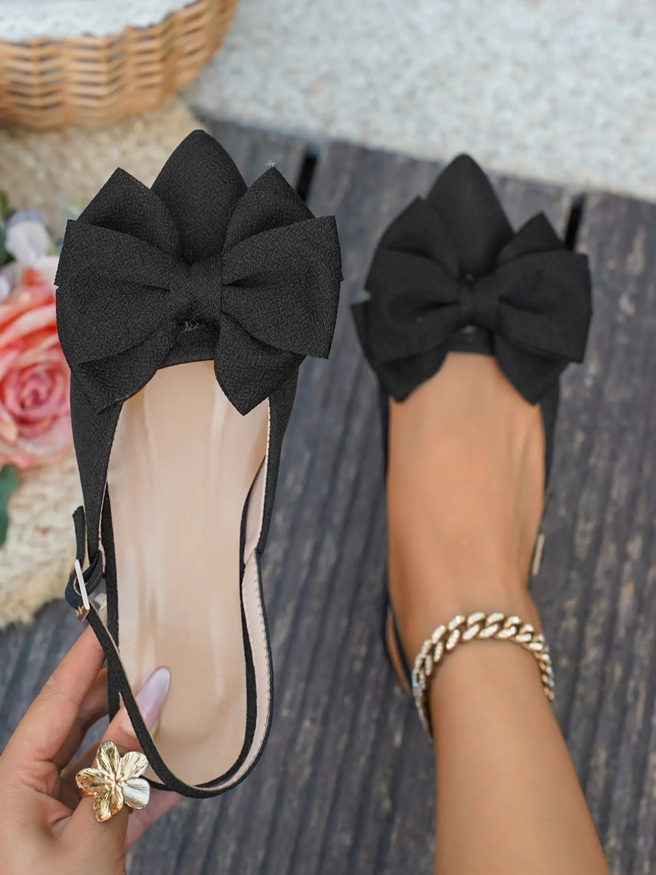 Women's Pointed Toe Summer Flat Bow Tie Button Sandals, Elegant Comfortable Beach Vacation Casual Shoes, Home Slip-On One-Step Slippers
