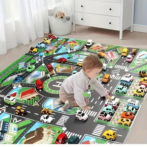 Younger City Traffic Parking Toy Carpet, Non-Woven Fabric, Coated Film, Colorful Urban Landscape Design, Perfect for Young People Playtime