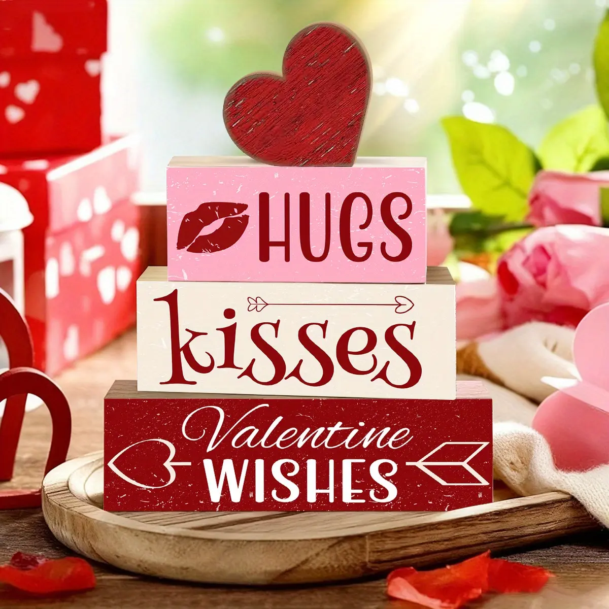 "hugs kisses valentine wishes" Wooden Valentine's Day Table Centerpiece Decorations, Valentine's Day LOVE heart shaped blessing design, perfect Valentine's Day decoration, ideal gift for lovers, dining table decoration ornaments