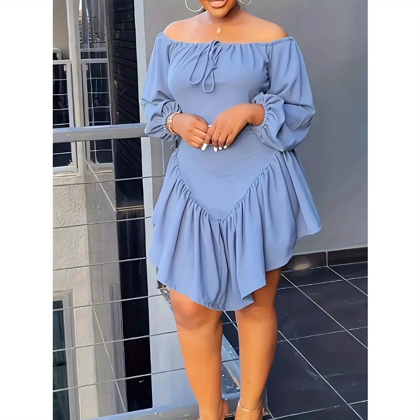 Casual and sweet daily simple patchwork lace-up ruffle solid color off-the-shoulder dress