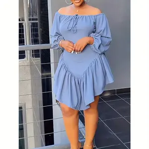 Casual and sweet daily simple patchwork lace-up ruffle solid color off-the-shoulder dress