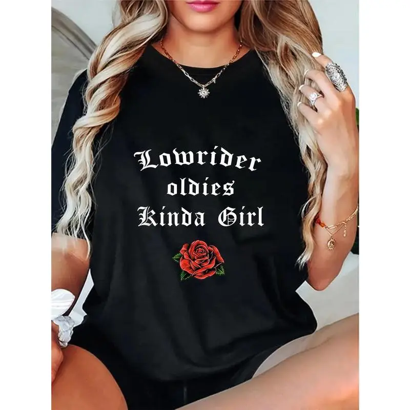 Men's 100% Cotton Vintage Graphic T-Shirt - Round Neck, Short Sleeve Streetwear Top with Distressed Look, Large Size Option, Wide Range of Sizes, Casual Everyday "Lowrider Oldies Kinda Girl" Apparel, Casual Wear, Distressed Print, Playful Vibe, Shortsleev