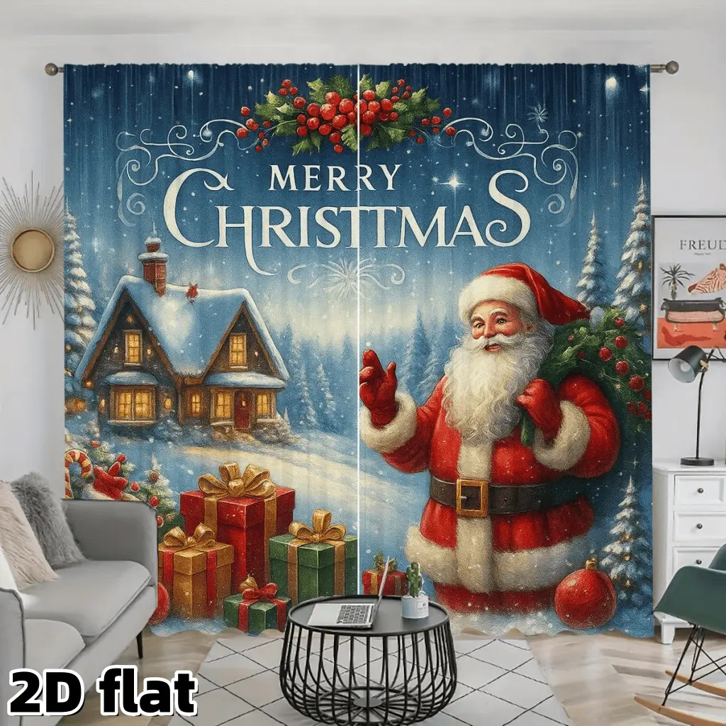 2D Flat 2Pcs Christmas Themed Window Curtains Santa Claus Printed Backdrop Winter Snow Scene Decorative Treatments Colorful Gift Boxes Design Holiday Decor Seasonal Polyester Drapes for Living Room Bedroom Kitchen Home Party Decoration