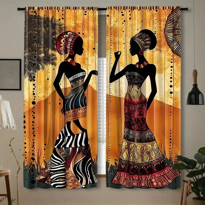 African Women Print Rod Pocket Curtains, 2 Piece Set, Polyester Fabric, Fashion Home Decor, Suitable for Living Room and Bedroom, Easy Installation