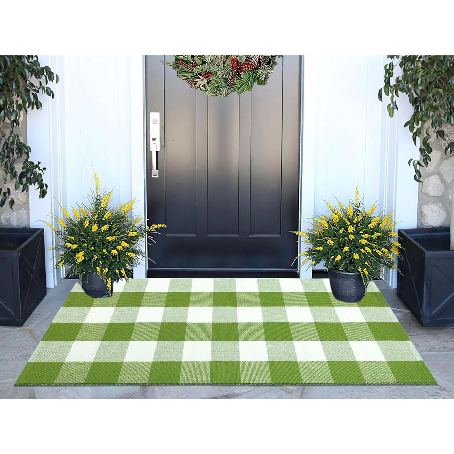 Cotton Woven Buffalo Plaid Checkered Area Rug - 24''x51'' Green and White Soft Outdoor Rug, Washable Front Porch Door Mat for Farm Home Decor Layered Use, Soft Area Rug