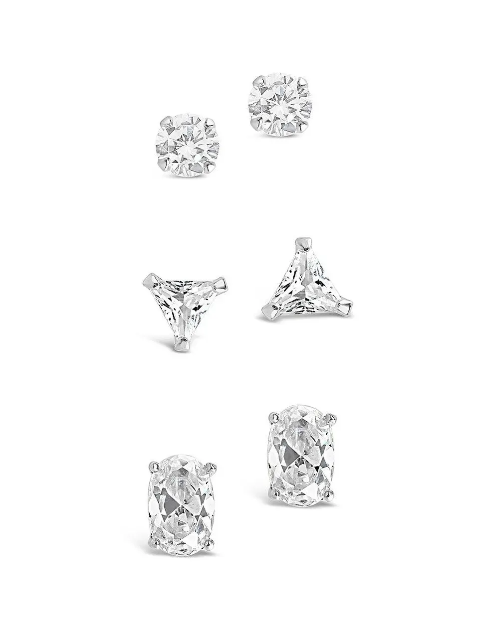 Sterling Silver Dainty Stud Earring Sets for Female - 3-Piece Sterling Forever Jewelry, 4-6mm Earring Face, Cubic Zirconia, Round/Square/Triangular Designs, Silver Stacking for Everyday Wear