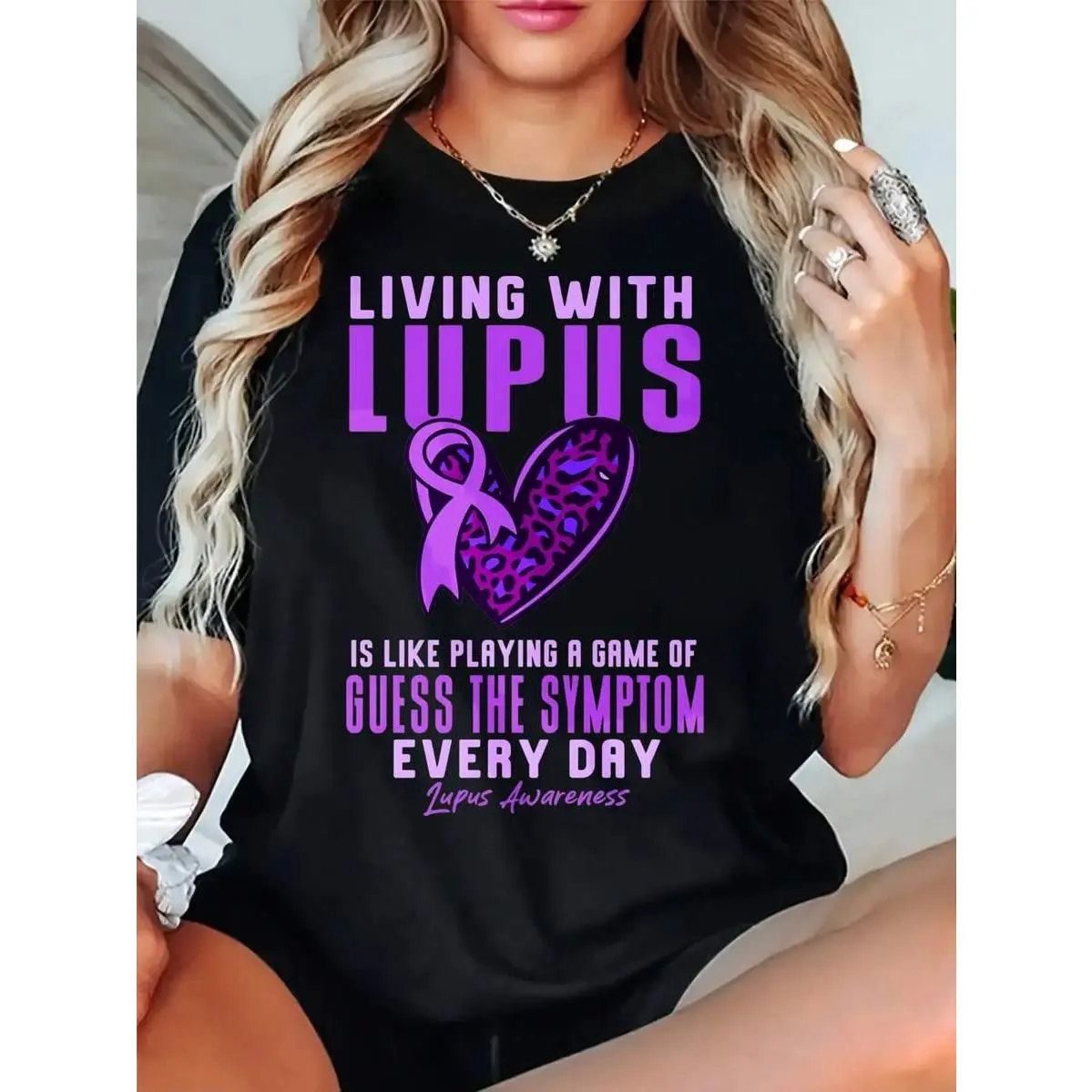 Women's 100% Cotton Knitted Oversized Crew Neck Graphic Short Sleeve Tees - Loose Fit Lupus Awareness Basics, Medium Stretch Elegant Festival/Party Women's Day Spring Summer Staples, Gift Tops