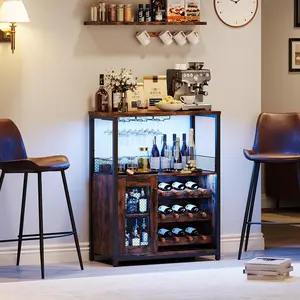 Brown Wine Bar Rack Cabinet with LED Light Adjustable Shelves Coffee Bar Cabinet with Mesh Door and Baffle Design 36 in Tall Kitchen Dinning Room Rustic Brown