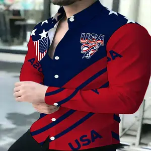 Men's Casual Long-Sleeve Shirt Jacket - Menswear with American Flag Elements, Mixed Colors Patchwork Design, Polyester Fabric, Trendy Stylish Summer Vibes