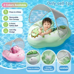 Free Swimming Baby Inflatable Swim Float with Sun Canopy,Infant Pool Floaties Swimming Pool Toys,Cartoon pattern,adjustable five-point safety belt,Press to inflate,Avoid Flip Solid Skin-Friendly Material for Toddler,good choice to play and learn to swim