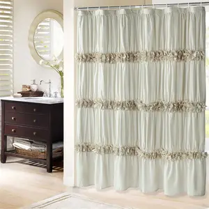 HIG Chic Ruffled Fabric Shower Curtain, French Country Floral Microfiber Bath Curtain for Guest Bathroom, 1 PC Flower Butterfly Washable