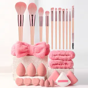 26Pcs Pastel Pink All In One Makeup Tool Set,11Pcs Soft Synthetic Makeup Brushes,Multi Size Beauty eggs,Heart Finger Puffs,Bow Fleece Headband & Hair Wrist Bands Complete Starter Cosmetic Kit for Beginners