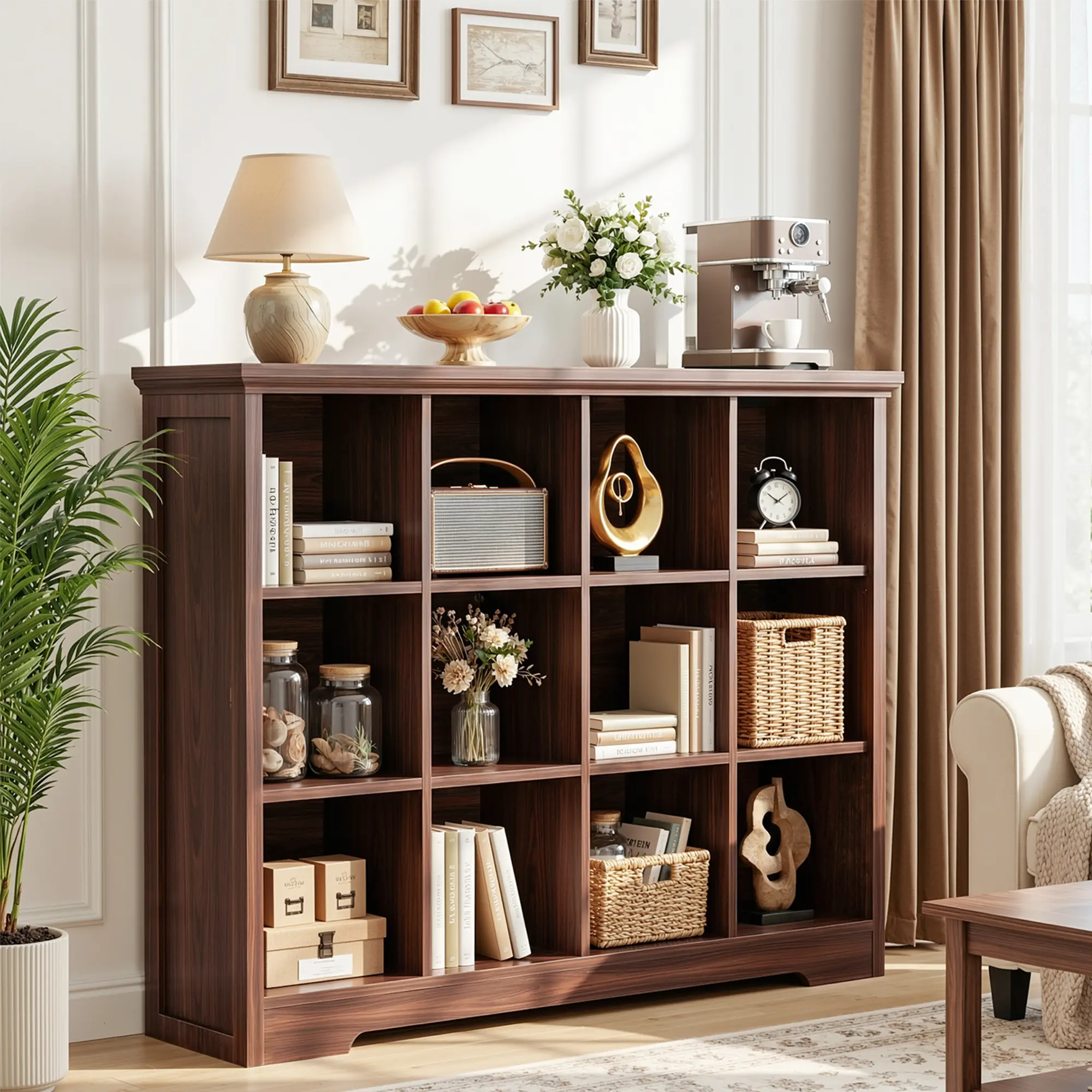 Wooden 12-Cube Storage Organizer with Power Outlets, Modern Cube Bookcase with Base, 4-Tier Floor Standing Open Cubbies Bookshelf for Home and Office,dorm essentials,home decor