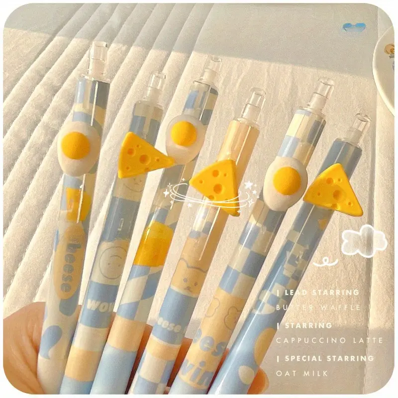 Haiyan cheese compression pen 6 pack, cute cartoon ballpoint pen, beautiful fountain pen, signature refill, black marker, Writing Stationery, Cute Pens